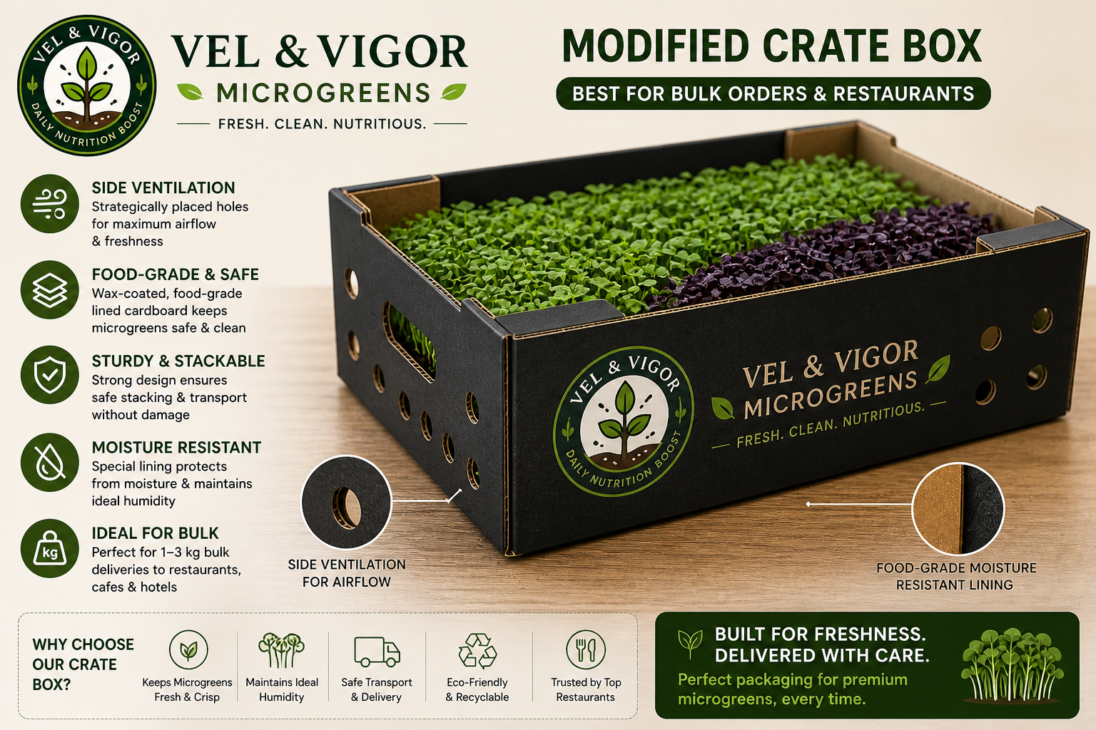 VEL & VIGOR bulk crate packaging