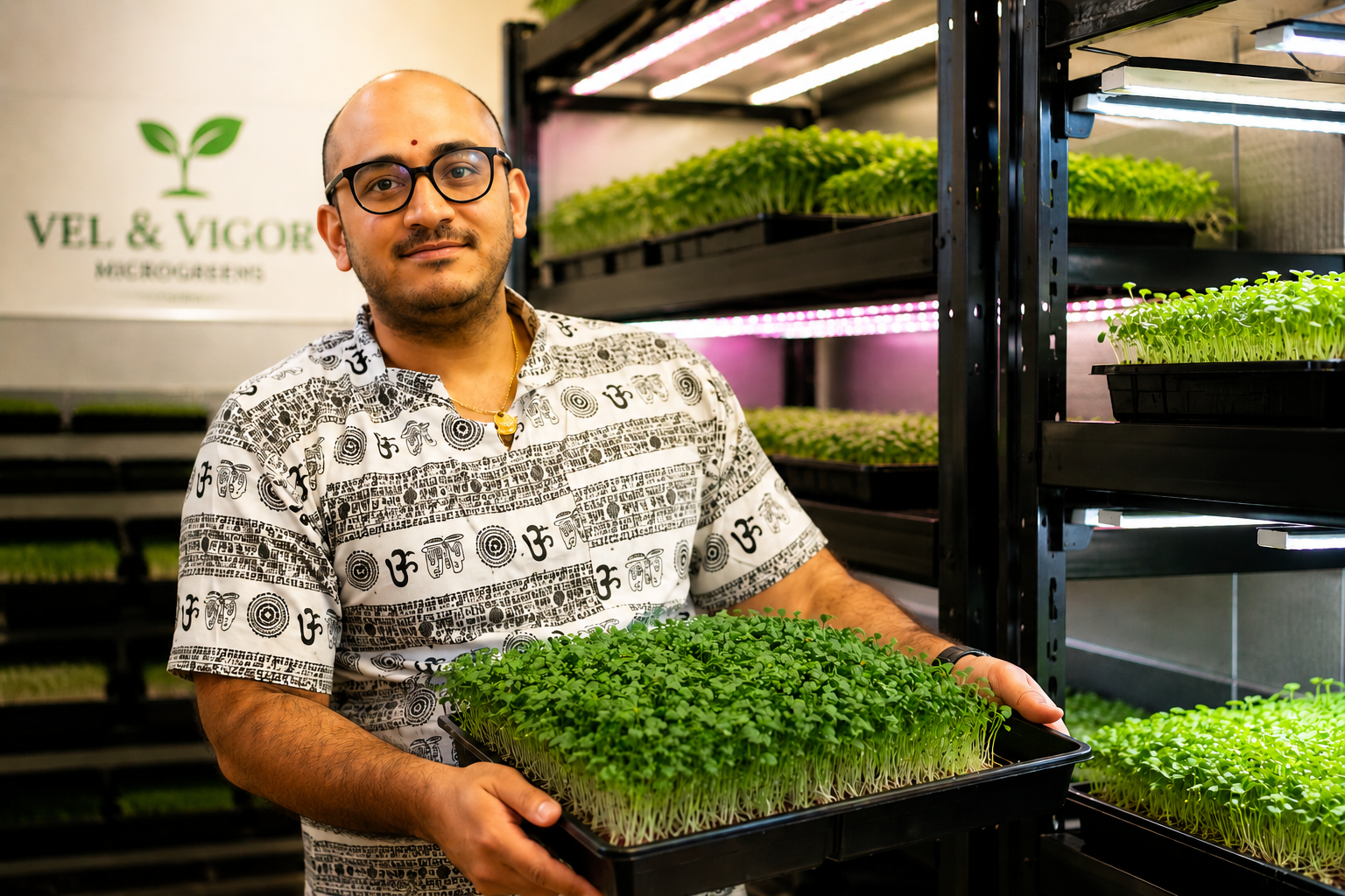 VEL & VIGOR founder with fresh microgreens